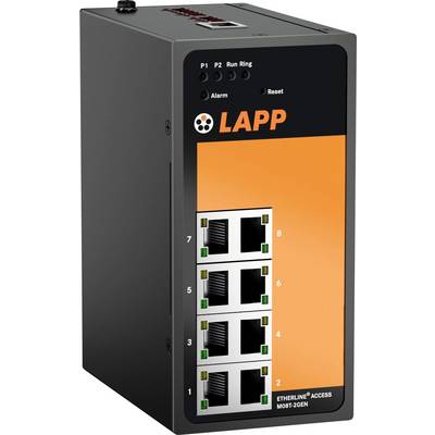 Ein industrieller Ethernet-Switch mit acht Anschlüssen, von '1' bis '8' beschriftet. Das Panel zeigt 'LAPP' mit 'Alarm'- und 'Reset'-Indikatoren.