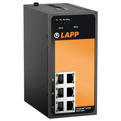 Industrieller Ethernet-Switch mit Firmenlogo, Modell Etherline Access M06T-2Gen, ausgestattet mit 6 Netzwerkports und Statusanzeigen.