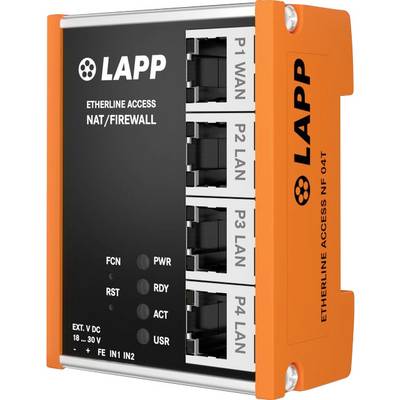 Orange Ethernet Zugriffsgerät mit NAT/Firewall mit vier beschrifteten Anschlüssen: P1 WAN, P2 LAN, P3 LAN, P4 LAN, sowie LED-Anzeigen an der Seite.
