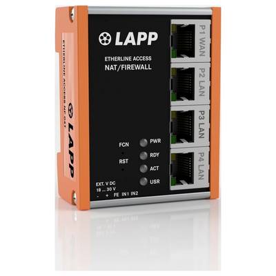 'Etherline Access NAT/Firewall' Gerät von LAPP verfügt über P1 WAN- und P2-P4 LAN-Anschlüsse, eine Stromanzeigelampe, einen Rücksetzknopf und Statusleuchten.