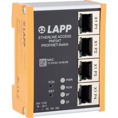 Gerät mit der Bezeichnung 'LAPP ETHERLINE ACCESS PNF04T PROFINET-Switch' mit vier Ethernet-Anschlüssen und Statusanzeigentafel.