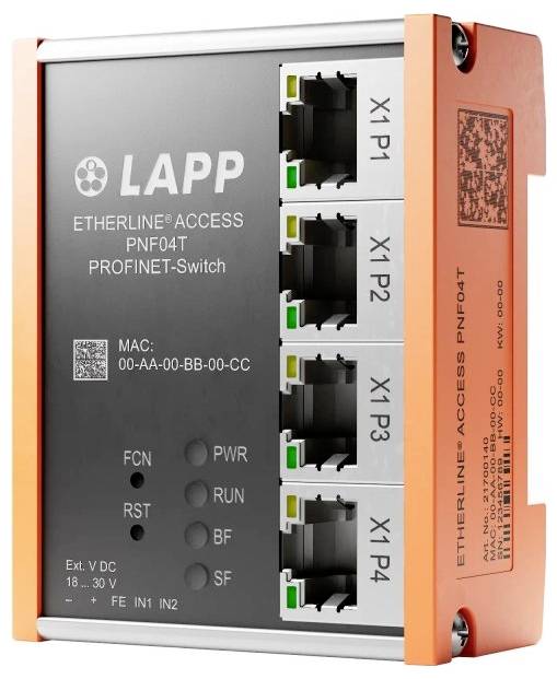 ETHERLINE ACCESS PNF04T PROFINET-Switch mit vier Ethernet-Ports, gekennzeichnet von X1 P1 bis X1 P4. Schwarzes und orangefarbenes Design mit Statusanzeigen.