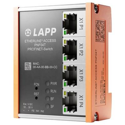 ETHERLINE ACCESS PNF04T PROFINET-Switch mit vier Ethernet-Ports, gekennzeichnet von X1 P1 bis X1 P4. Schwarzes und orangefarbenes Design mit Statusanzeigen.