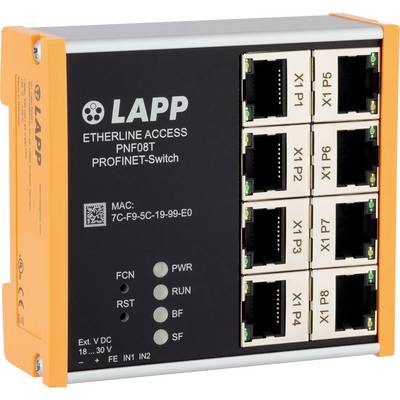 Ethernet-Switch mit der Bezeichnung 'Lapp ETHERLINE ACCESS PNF08T' mit acht Netzwerkanschlüssen, Anzeigen für Stromversorgung, Systemstatus und Reset-Taste.