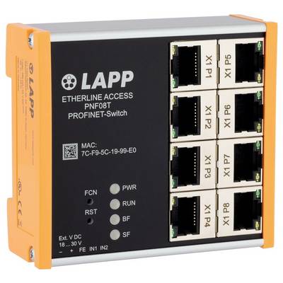 'ETHERLINE ACCESS PNFO8T PROFINET-Switch' von LAPP mit 8 Ethernet-Ports, Anzeigenlichter für Stromversorgung, Betrieb, System und Fehler auf der Frontplatte.