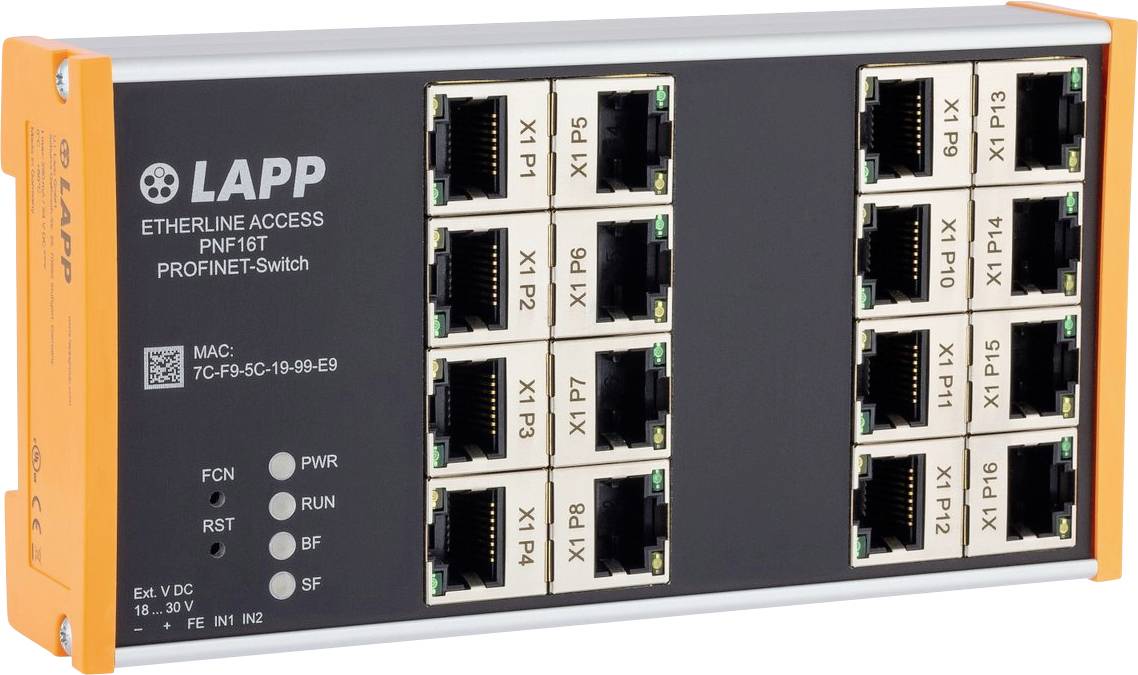 'LAPP Etherline Access PNF16T PROFINET-Switch mit mehreren Ethernet-Anschlüssen, gekennzeichnet mit X1 P1 bis X1 P8 und X2 P1 bis X2 P8, für Netzwerkverbindungen.'