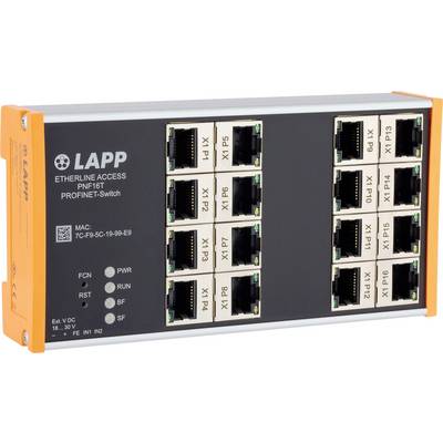 'LAPP Etherline Access PNF16T PROFINET-Switch mit mehreren Ethernet-Anschlüssen, gekennzeichnet mit X1 P1 bis X1 P8 und X2 P1 bis X2 P8, für Netzwerkverbindungen.'