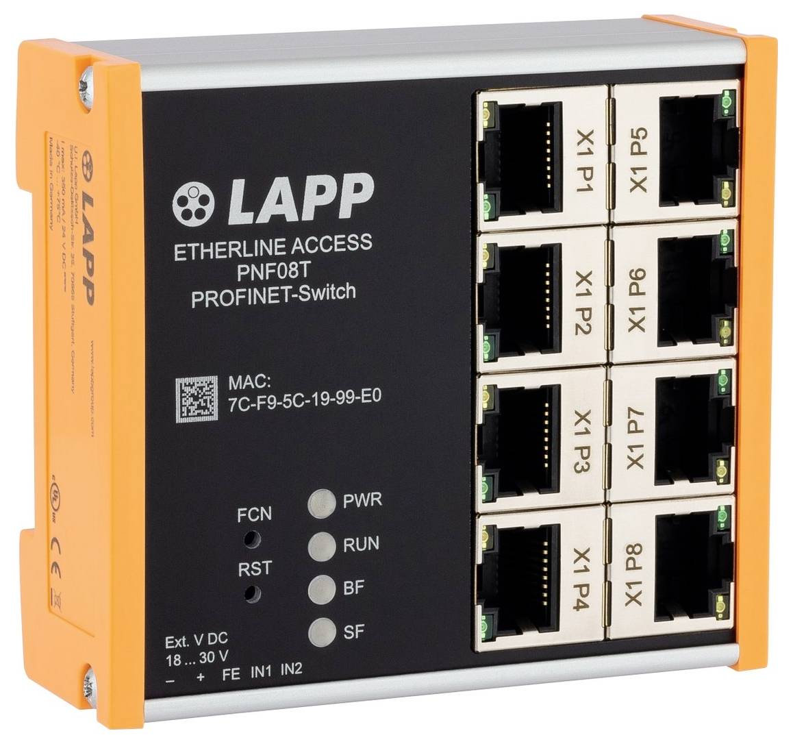 Ein schwarzer LAPP Ethernet-Switch mit acht beschrifteten Ports, Strom- und Statusindikatoren sowie einer seitlichen Beschriftung.