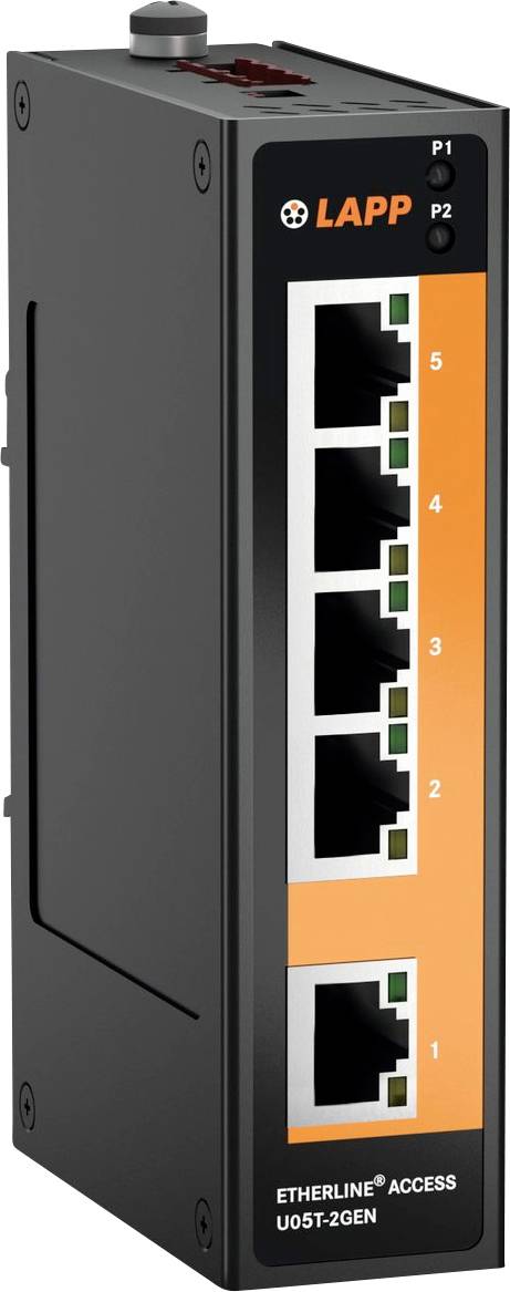 Ein Ethernet-Switch mit fünf Anschlüssen, bezeichnet als 'ETHERLINE ACCESS U05T-2GEN,' von LAPP.