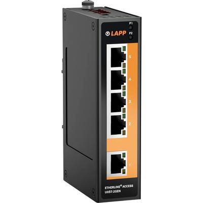 Ein Ethernet-Switch mit fünf Anschlüssen, bezeichnet als 'ETHERLINE ACCESS U05T-2GEN,' von LAPP.