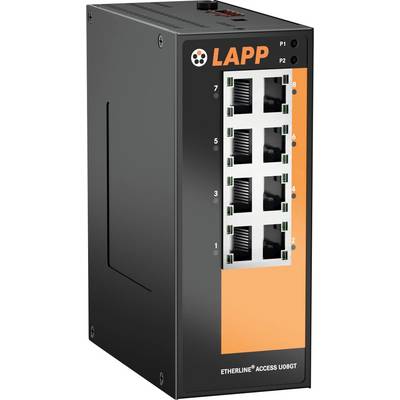 LAPP-Netzwerkswitch mit acht Ethernet-Ports, von 1 bis 8 beschriftet, und zwei Indikatorleuchten, die auf der Oberseite mit ‚P1' und ‚P2' gekennzeichnet sind.