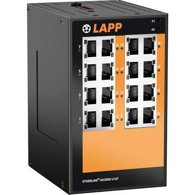Industrieller Ethernet-Switch mit der Bezeichnung 'LAPP ETHERLINE ACCESS U16T' mit 16 Anschlüssen und LED-Anzeigen für den Netzwerkverbindungsstatus.