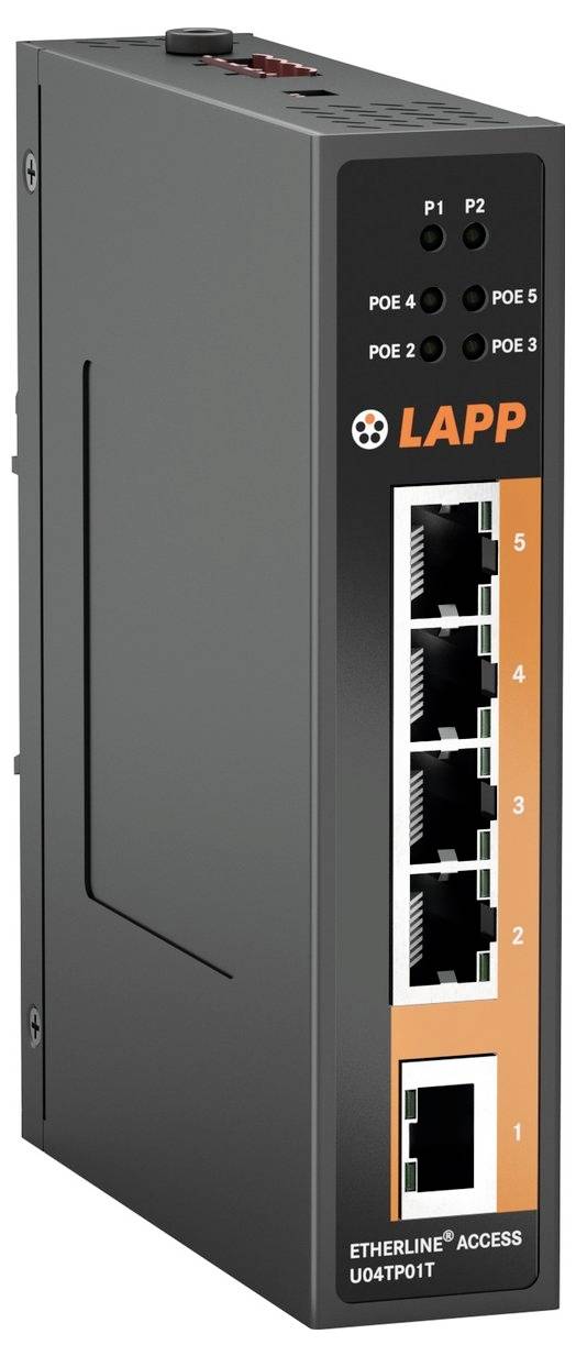 Ein schwarzer Ethernet-Switch mit fünf beschrifteten Ports, Branding und LED-Anzeigen auf dem Frontpanel.