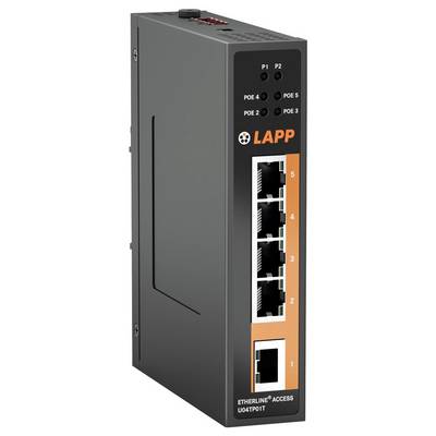 LAPP Ethernet-Switch mit fünf Netzwerkports und Stromanzeigelampen, gekennzeichnet als 'ETHERLINE ACCESS U04TP01T'.