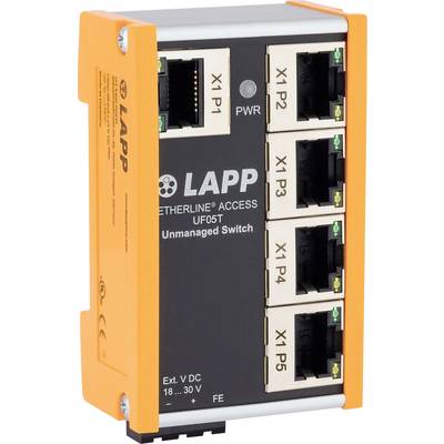 Ein kleiner, orangefarbig umrandeter Ethernet-Switch mit fünf Anschlüssen, beschriftet von 'X1 P1' bis 'X1 P5' und einer Netzanzeige mit der Beschriftung 'PWR' auf einer grauen Platte.