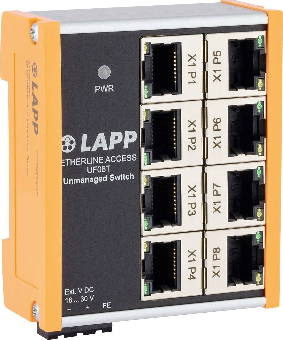Industrial-Ethernet-Switch von LAPP mit 8 LAN-Ports, Modell UF08T, gekennzeichnet als unmanaged Switch, konzipiert für Netzwerkverbindungen.