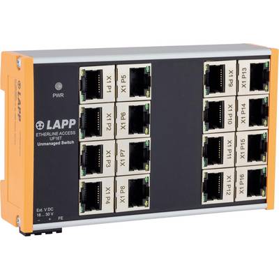 Nicht verwalteter Ethernet-Switch mit sechzehn Anschlüssen und einer Betriebsanzeige. Markenname 'LAPP' und Modell 'ETHERLINE ACCESS U16T' sichtbar.