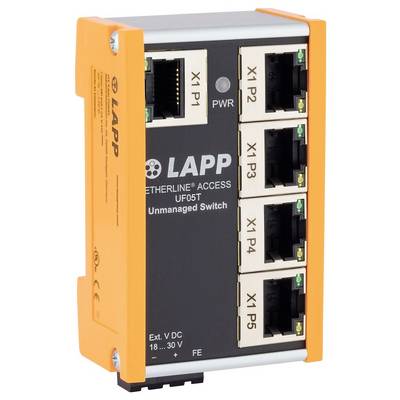 Ein Unmanaged Switch, gekennzeichnet als 'ETHERLINE ACCESS UF0 5T', verfügt über fünf Ethernet-Ports X1 P1 bis X1 P5 und einen Stromeingang, von LAPP.