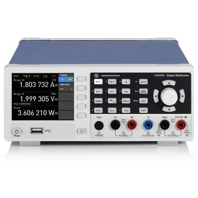 Ein digitales Multimeter mit Display, das verschiedene Messungen anzeigt, sowie Tasten und Drehknöpfe zur Steuerung elektrischer Funktionen.