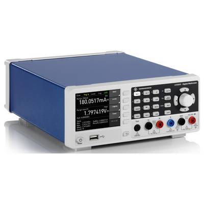 Ein digitales Multimeter mit blauem Gehäuse zeigt '180,0517 mA' und '1,797419 V'. Es verfügt über verschiedene Tasten und Anschlüsse.