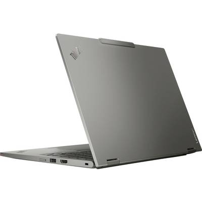 Ein grauer Lenovo ThinkPad Laptop, teilweise geöffnet, der seinen Rücken zeigt mit sichtbaren Anschlüssen an der Seite.