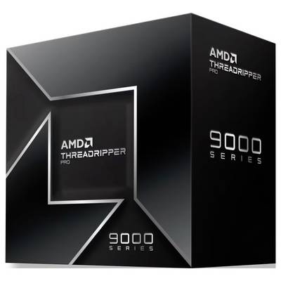 Das Bild zeigt eine Verpackung für die 'AMD Threadripper Pro 9000 Serie', die ein elegantes schwarzes Design mit dem Produktlogo und der Seriennummer aufweist.