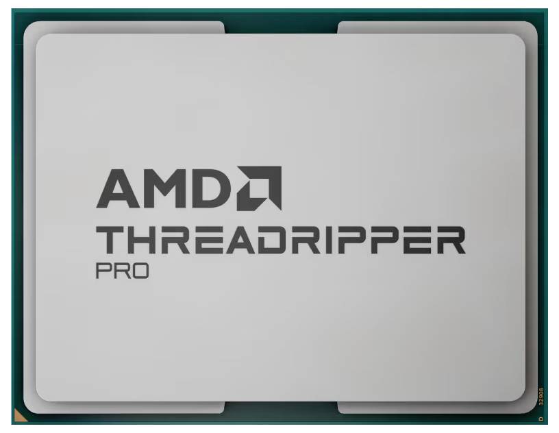 AMD Threadripper Pro Prozessor mit einem silbernen Gehäuse, auf dem die Marke und der Modellname prominent auf der Oberfläche angezeigt werden.