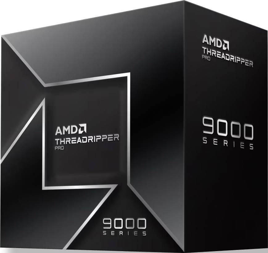 Verpackung der AMD Threadripper Pro 9000 Serie mit elegantem, schwarzem Design und geometrischen Mustern, die die Produktmarke hervorheben.