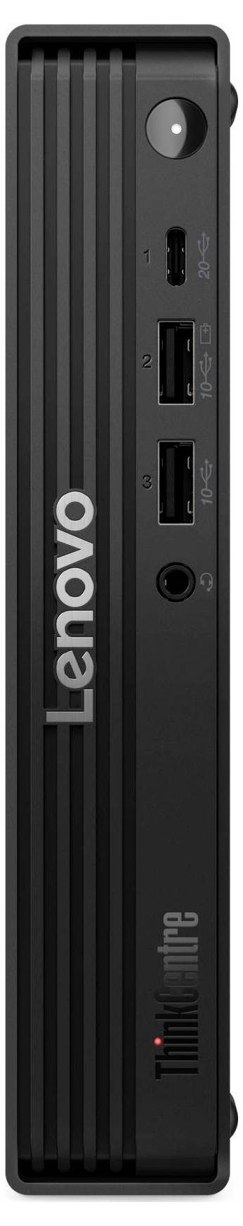 Ein schwarzer Lenovo ThinkCentre Computer, vertikal dargestellt, mit mehreren USB-Anschlüssen und einem Einschaltknopf an der Oberseite.