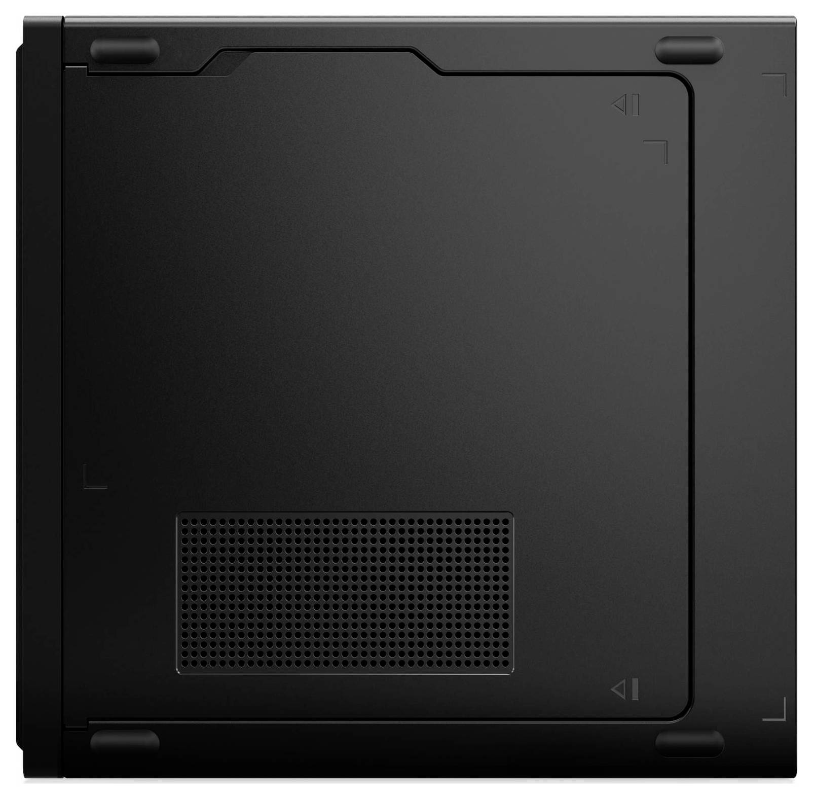 Ein schwarzes, quadratisches Seitenteil eines Computergehäuses mit einer Lüftungsöffnung nahe dem unteren Rand, das für eine optimale Luftzirkulation konzipiert ist. Es zeichnet sich durch ein schlichtes, minimalistisches Design aus.