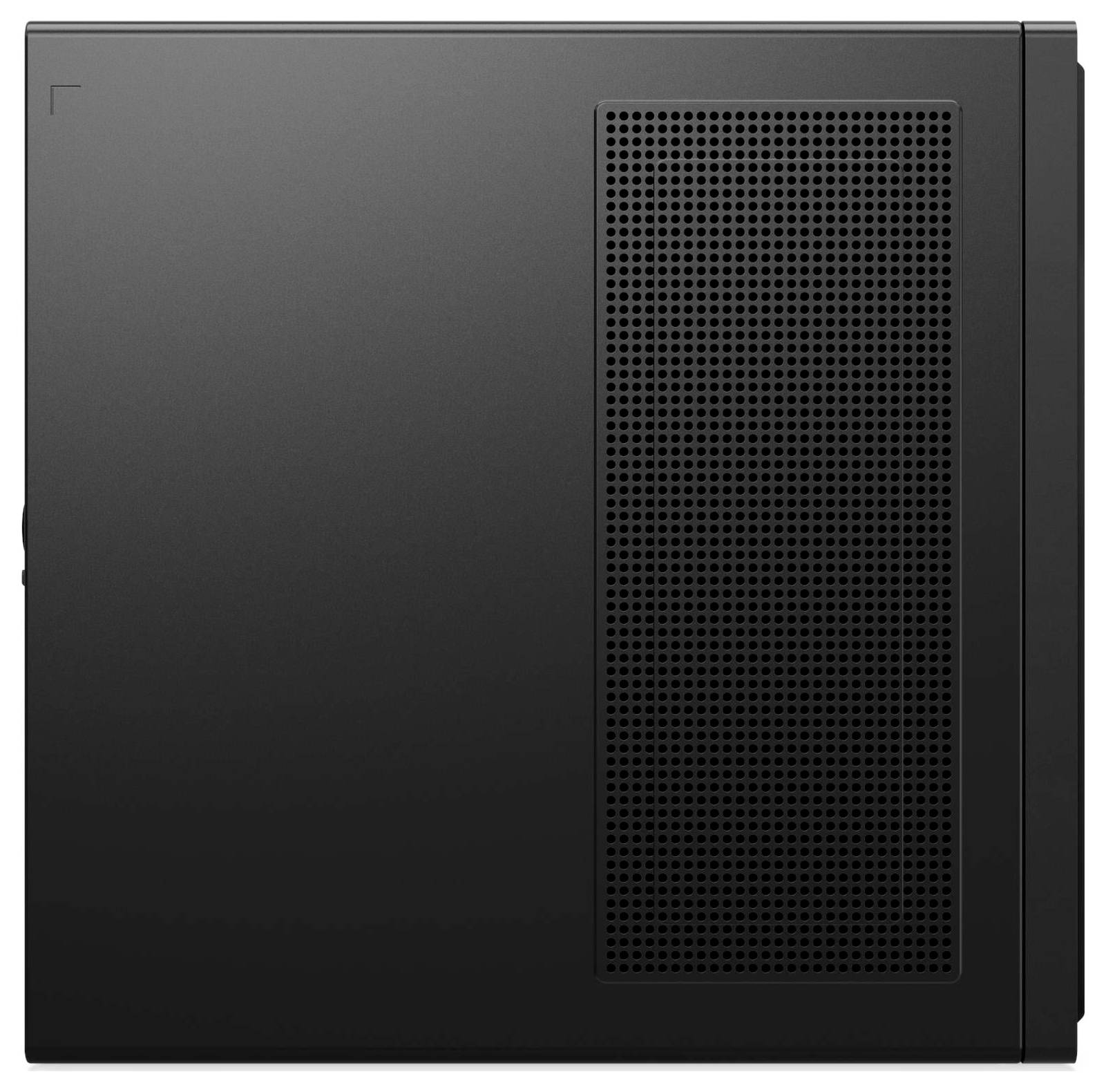 Seitenansicht eines schlanken schwarzen Computergehäuses mit einer gelochten Blende für Belüftung, das ein minimalistisches und modernes Design präsentiert.