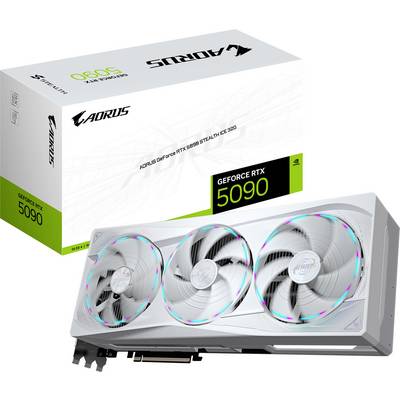 Eine weiße AORUS GeForce RTX 5090 Grafikkarte mit drei Kühlventilatoren wird neben ihrer Einzelhandelsverpackung gezeigt, beschriftet mit 'GeForce RTX 5090'.