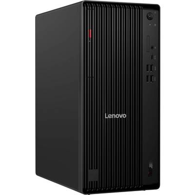 Ein schwarzer Lenovo-Desktop-Computerturm mit vertikalen Rillen an der Frontplatte, ausgestattet mit USB-Anschlüssen, einem Einschaltknopf und einem Markenlogo.
