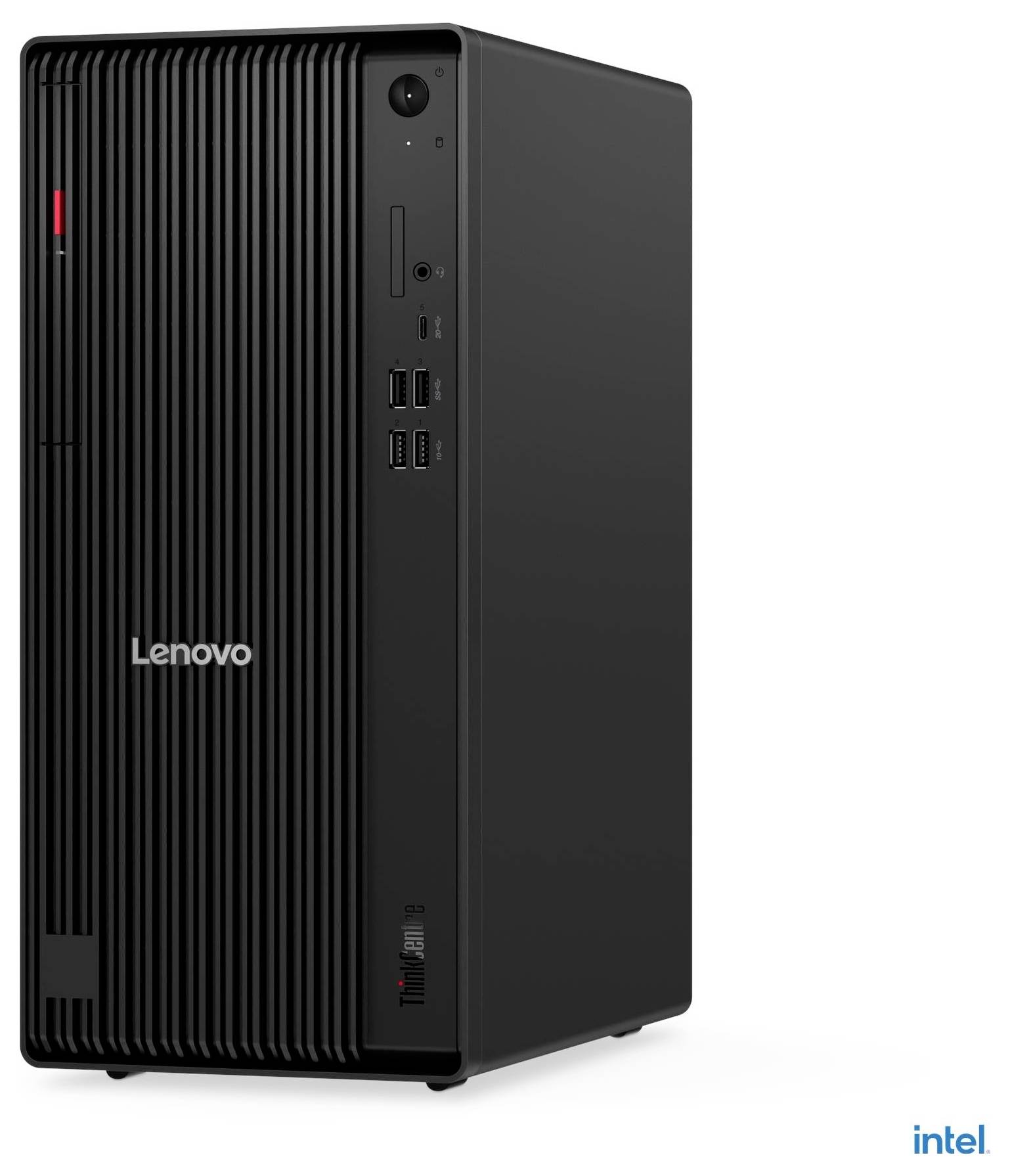 Ein schwarzer Lenovo-Desktop-Tower mit vertikalen Rillen an der Vorderseite, ausgestattet mit USB-Anschlüssen und dem Intel-Logo in der unteren rechten Ecke.
