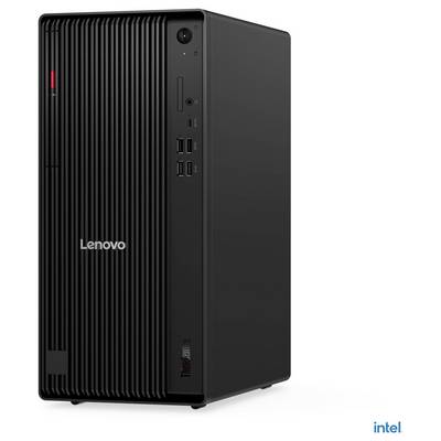 Ein schwarzer Lenovo-Desktop-Tower mit vertikalen Rillen an der Vorderseite, ausgestattet mit USB-Anschlüssen und dem Intel-Logo in der unteren rechten Ecke.