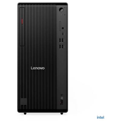 Ein schwarzer Lenovo ThinkCentre Desktop-Tower mit sichtbaren USB-Anschlüssen und einem Powerknopf, mit Intel-Logo.