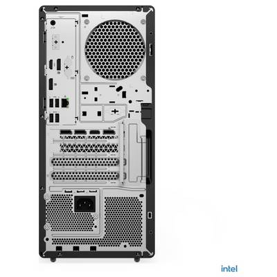 Rückansicht eines Computergehäuses mit mehreren Anschlüssen, Lüftungsschlitzen, Erweiterungssteckplätzen, Netzteilbereich und 'intel' Logo unten rechts.