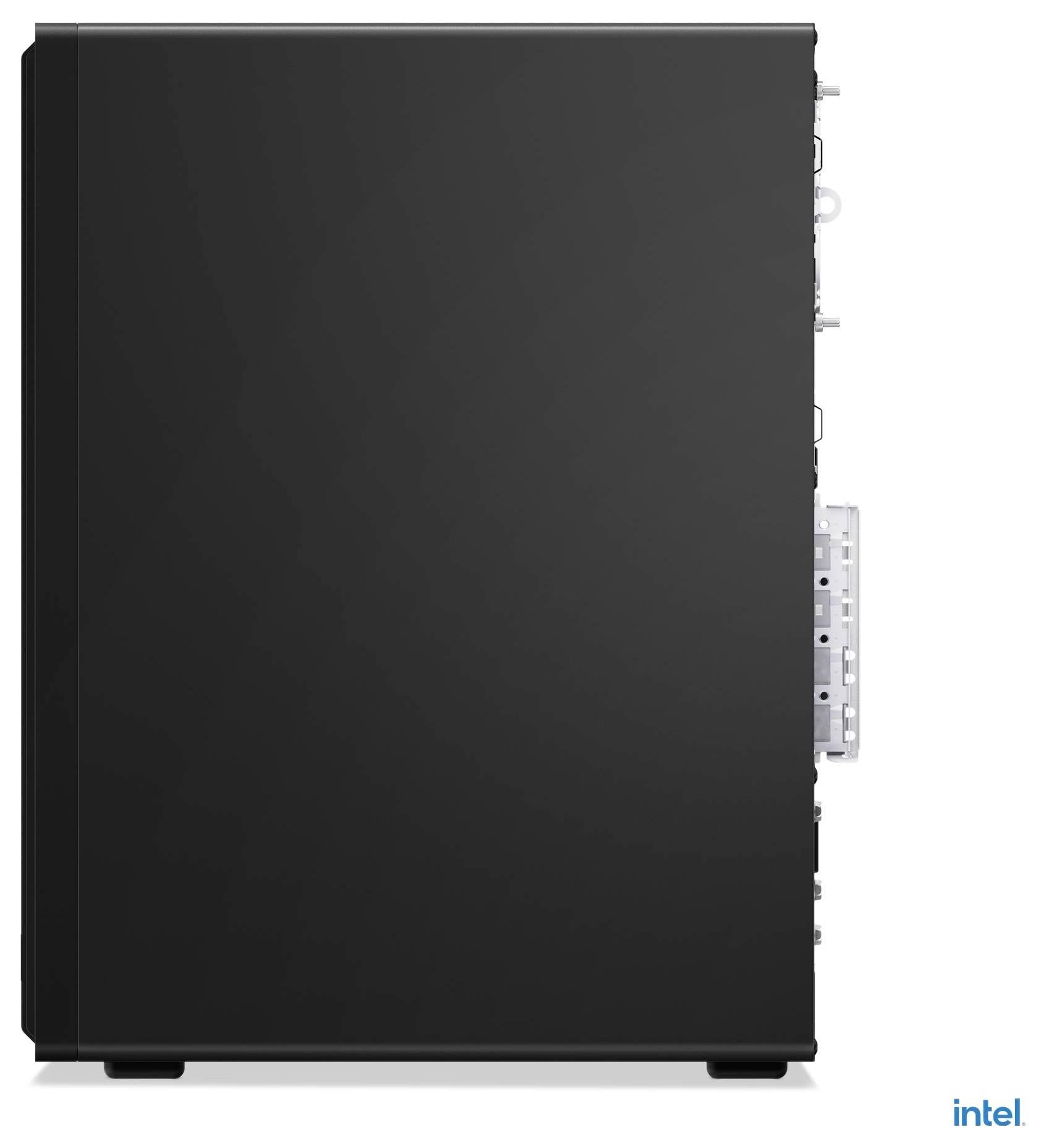 Ein schwarzer Computer-Tower, von der Seite betrachtet, mit einer glatten, minimalistischen Außenseite und minimal sichtbaren Komponenten auf der Rückseite.