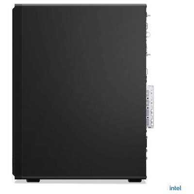 Ein schwarzer Computer-Tower, von der Seite betrachtet, mit einer glatten, minimalistischen Außenseite und minimal sichtbaren Komponenten auf der Rückseite.