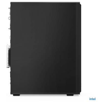 Ein schwarzer Computer-Tower aus Seitenansicht, der sein elegantes Design präsentiert. Das 'Intel' Logo ist unauffällig in der Ecke platziert.