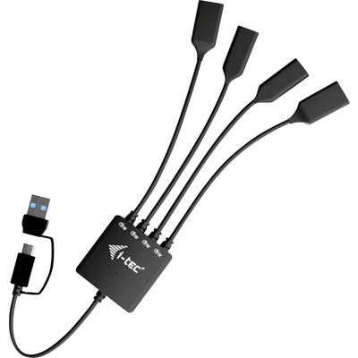 Ein USB-Hub mit vier Anschlüssen und angeschlossenen Kabeln, gekennzeichnet mit '2,4A' für schnelles Laden, mit schwarzem Design und blauen USB-Anschlüssen.