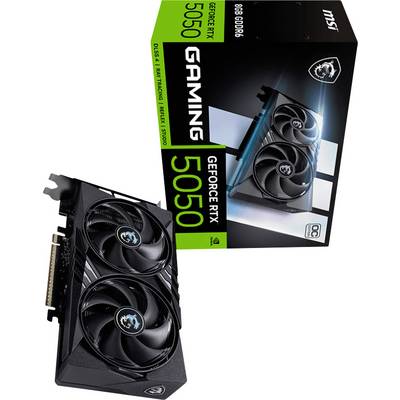 MSI Gaming GeForce RTX 5050 Grafikkarte mit Doppellüftern. Verpackung hebt DLSS 4, Raytracing und PCIe-4-Unterstützung hervor.