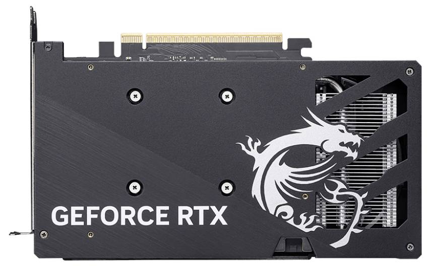 Grafikkarte mit 'GeForce RTX' Text und Drachen-Logo auf einer schwarzen Oberfläche, die eine Kühlungsöffnung auf der rechten Seite zeigt.