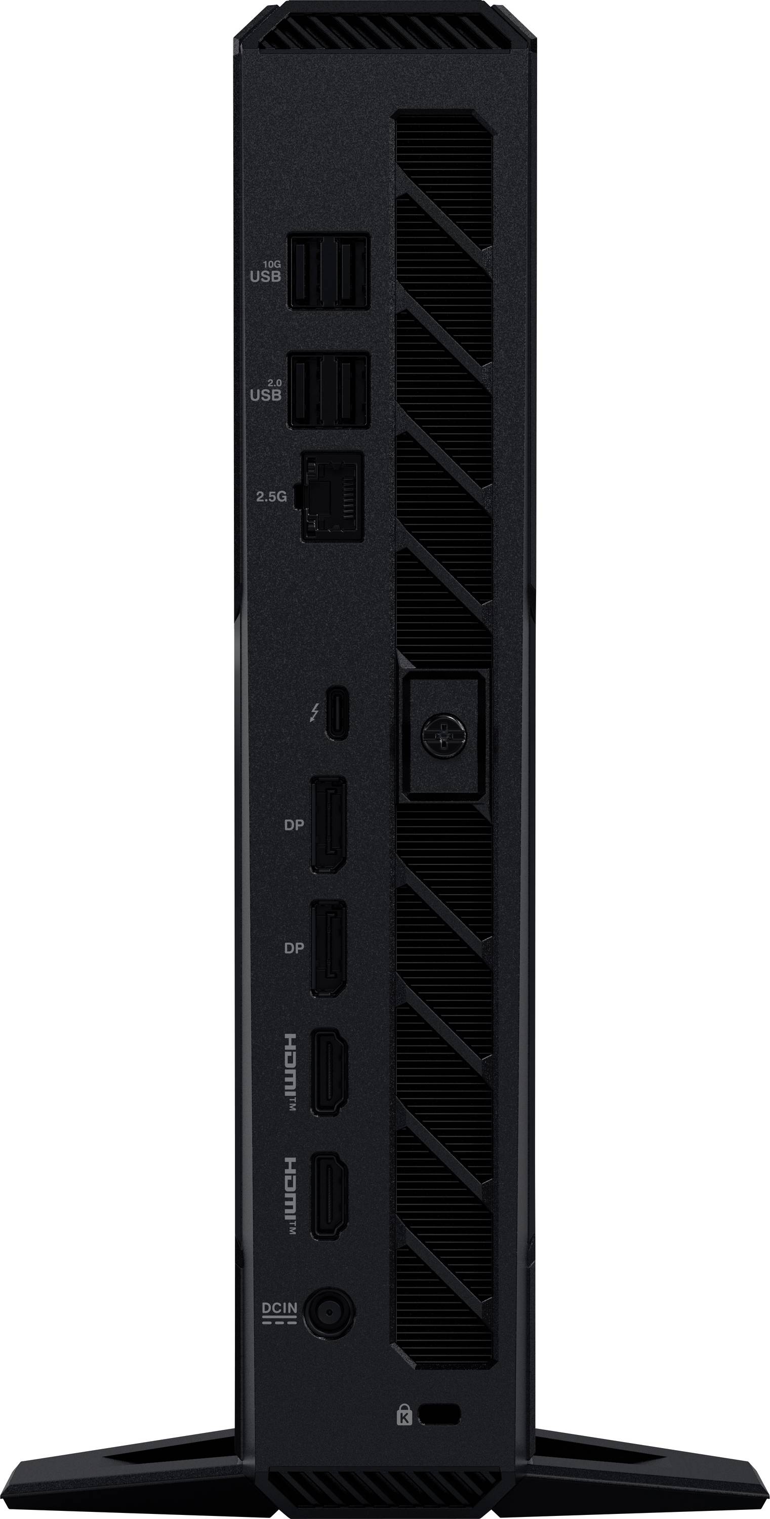 Ein schwarzer vertikaler Computer-Tower mit Anschlüssen wie USB, HDMI und DisplayPort, der ein schlankes Design aufweist und sich für kompakte Aufstellungen eignet.