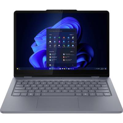 Ein Laptop, der einen Bildschirm mit dem Windows-Startmenü zeigt, der verschiedene App-Symbole und einen blauen abstrakten Hintergrund präsentiert.