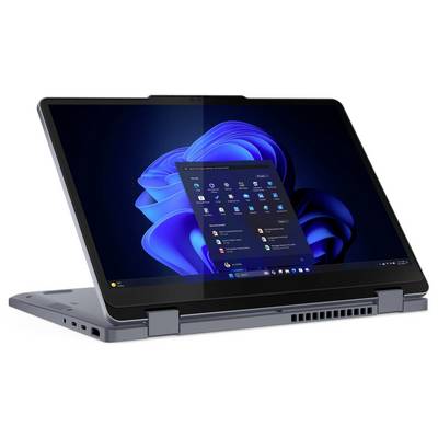 Ein Convertible-Laptop im Zeltmodus, der den Bildschirm des Windows-Betriebssystems mit Anwendungssymbolen zeigt, vor einem dunkelblauen abstrakten Hintergrund.