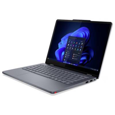Ein schlankes, offenes Laptop, das das Windows 11 Startmenü auf seinem Bildschirm zeigt. Das Laptop ist in einem Winkel positioniert und präsentiert ein kompaktes Design.