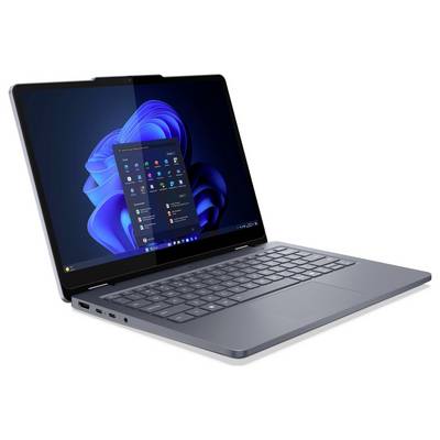 Ein moderner Laptop mit einem Bildschirm, auf dem der Windows 11 Desktop mit verschiedenen Anwendungssymbolen angezeigt wird, ist vor einem weißen Hintergrund zu sehen.