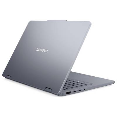 Ein grauer Lenovo-Laptop, halb geöffnet, von hinten betrachtet, der sein schlankes Design und die minimale Anschlussanordnung präsentiert.