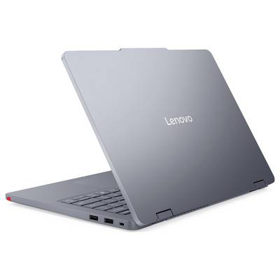 Ein grauer Lenovo-Laptop ist geöffnet und zeigt seine Tastatur. Der Bildschirm ist geschlossen und präsentiert das Lenovo-Logo auf der Rückseite.